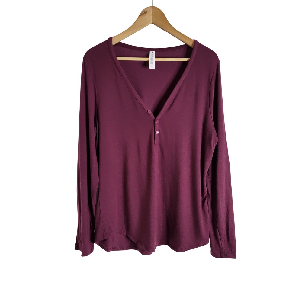Athleta Nighttime Bliss Sleep Top Purple Henley V-Neck Long Sleeve Large